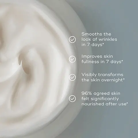 Image 1, smooths the look of wrinkles in 7 says, improves skin fullness in 7 days, visibly transforms the skin overnight, 96* agreed skin felt significantly nourished after use. Image 2, apply almond size. Image 3, proven to smooth visible signs of aging in 7 days