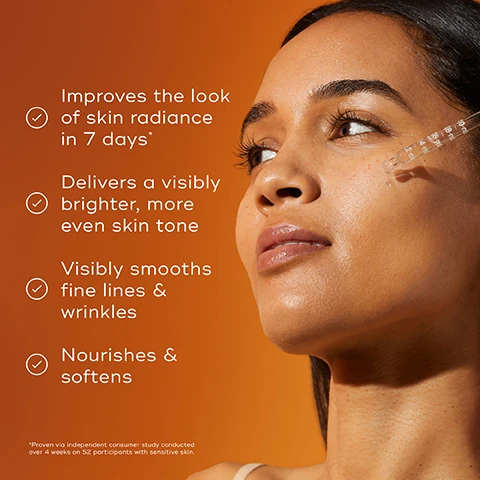 Image 1 - A woman with glowing skin is applying a serum from a dropper, with text beside her stating improvements in skin radiance in 7 days, brighter skin tone, smoothing fine lines and wrinkles, and nourishing and softening the skin.
Image 2 - A close-up image of a woman with glowing skin, lightly smiling, holding a bottle of serum in her hand, with text stating 87% of sensitive skins agree this is the most gentle vitamin C serum they have ever used, followed by a note about a consumer study.
Image 3 - An orange background features three skincare products labeled CLEANSE, TONE, and VITAMIN C, with a sun icon indicating AM, and text stating EXPERT ADVICE: Follow with sunscreen every morning to maintain maximum age-defying results.
Image 4 - Image depicts four skincare products from the Medik8 brand, including two amber bottles labeled C-Tetra and C-Tetra Luxe with droppers, a smaller bottle called C-Tetra Eye, and a white jar labeled C-Tetra Cream; accompanying text describes the purpose of each product.
Image 5 - Image shows two brown dropper bottles labeled Medik8 with an orange background; the left bottle is labeled C-Tetra and the right one is labeled C-Tetra Luxe, with text highlighting that C-Tetra Luxe contains 2 times more Vitamin C than C-Tetra and includes statements about being ultra-gentle and providing supercharged results for brightening and nourishing the skin.