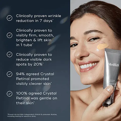Image 1, Clinically proven wrinkle reduction in 7 days' Clinically proven to visibly firm, smooth, brighten & lift skin in 1 tube Clinically proven to reduce visible dark spots by 20%* 94% agreed Crystal Retinal promoted visibly clearer skin 100% agreed Crystal Retinal was gentle on their skin' Medik8 CRYSTAL *Proven via multiple independent clinical & consumer studies, including testing on sensitive skins. Image 2, BEFORE AFTER 1 TUBE 9/10 agree this is the best anti-aging serum they have ever used' Mediks Image 3, 6 STRENGTH 24 (0.24% RETINALDEHYDE) PROGRESSIVE STRENGTHS STRENGTH 20 (0.20% RETINALDEHYDE) STRENGTH 10 (0.10% RETINALDEHYDE) For expert vitamin A users For experienced vitamin A users For advanced vitamin A users STRENGTH 6 (0.06% RETINALDEHYDE) STRENGTH 3 (0.03% RETINALDEHYDE) For regular vitamin A users For new vitamin A users STRENGTH 1 (0.01% RETINALDEHYDE) For sensitive skin Image 4, THE 4 PS Ps UNRIVALED POTENCY The closest thing to prescription-strength retinoic acid, without a prescription PATENTED STABILITY Market-leading stability technology' for maximum retinal effectiveness until the last drop PROFESSIONAL GRADE RESULTS Clinically proven wrinkle reduction in 7 days" PROGRESSIVE STRENGTHS Unique ladder of strengths delivers progressive age-defying results as your skin builds up tolerance Medik8 CRYSTAL RETICAL 6 "Proven vio independent HPLC stability testing in accelerated conditions. **Proven via independent clinical study on the Crystal Retinal ladder tested on 33 participants over 18 weeks. Image 5, PM HOW TO LAYER Medik8 Mediks Mediks Medias CLEANSE TARGET VITAMIN A EYES MOISTURIZE AM EXPERT ADVICE: Always include a sunscreen in your morning routine the following day