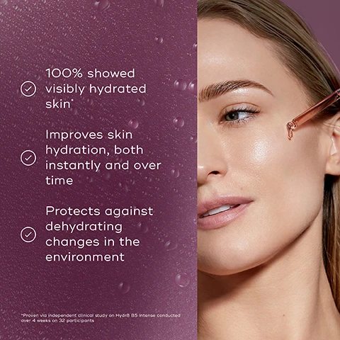 Image 1 - A close-up portrait of a woman with hydrated skin, holding a dropper near her cheek, alongside text highlighting skincare benefits including 100% showed visibly hydrated skin, improves skin hydration both instantly and over time, and protects against dehydrating changes in the environment.
Image 2 - An image shows Saskatoon berries in a clear dish beside a dropper filled with pink liquid, with labeled sections describing benefits of the ingredients: Saskatoon berry helps to preserve the skin’s natural moisture levels, natural moisturizing factors bind and hold moisture for optimal skin hydration, vitamin B5 supports plumper-looking skin, and multi-weight hyaluronic acid leaves the skin visibly hydrated and supple.
Image 3 - An infographic titled How to Layer showing a morning (AM) and evening (PM) skincare routine with products labeled as Medik8 for cleansing, toning, hydrating, vitamin C, vitamin A, and moisturizing.
Image 4 - Image shows two serum bottles by Medik8 placed on white pedestals, with the left bottle labeled HYDR8 B5 INTENSE and text describing it as suitable for supercharged, long-lasting hydration and ideal for normal to dehydrated skin types, while the right bottle labeled HYDR8 B5 is described as for lightweight daily hydration and ideal for normal to sensitive skin types.