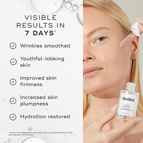 Image 1 - A woman with long blonde hair holds a dropper bottle of Medik8 Liquid Peptides near her face, with text on the left listing benefits such as visible results in 7 days, wrinkles smoothed, youthful-looking skin, improved skin firmness, increased skin plumpness, and hydration restored.
Image 2 - Image shows a comparison of a persons forehead and eyes before and after using a product, with the left side labeled BEFORE and the right side labeled AFTER 7 DAYS, along with a product bottle at the bottom featuring the text Younger-looking skin in just 7 Days and Medik8 Liquid Peptides 100% Concentration Serum.
Image 3 - A clear glass tube filled with a bubbling, transparent liquid is shown alongside text describing four ingredients: Matrixyl 3000 helps to minimize the look of fine lines and wrinkles, Drone-Targeted Copper Peptide promotes more youthful-looking skin overall, Carnosine helps to prevent visible signs of aging, and Expression Line Peptide helps to prevent wrinkle formation.
Image 4 - A skincare routine graphic showing How to Layer products with sections for AM and PM, featuring the Medik8 brand: morning products include a cleanser, a targeting serum, and Vitamin C, while evening products include a cleanser, targeting serum, Vitamin A, and moisturizer, along with the text Expert advice: Always use a sunscreen as the last step in your AM routine.