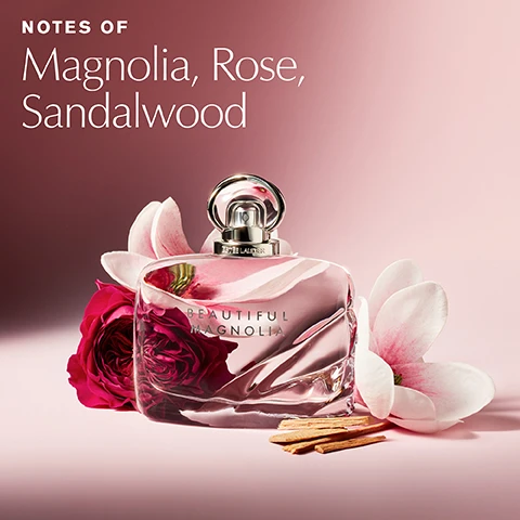 Image 1 - A perfume bottle is shown with a deep pink rose, two pink and white magnolia flowers, and several thin pieces of wood around it, with the text NOTES OF Magnolia, Rose, Sandalwood, BEAUTIFUL MAGNOLIA, ESTEE LAUDER. Image 2 - Four bottles of Beautiful Magnolia perfume by Estee Lauder in varying sizes are shown from left to right alongside text showing their volumes. The text on the bottles reads Beautiful Magnolia Estee Lauder and the text below them reads 0.34 oz 1.0 oz 1.7 oz 3.4 oz. Image 3 - Three perfume bottles are shown with text ESTÉE LAUDER BEAUTIFUL MAGNOLIA LEAU INTENSE. Image 4 - Image shows Find Your Fragrance above three Estee Lauder perfume bottles a pink Beautiful Magnolia a gold Beautiful and a clear Pleasures.