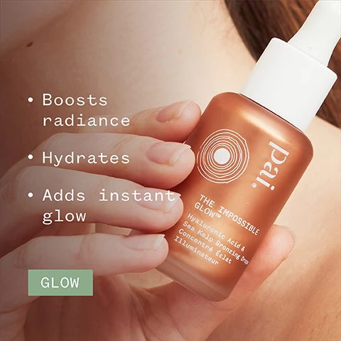 Image 1 - A person holding a brown bottle of facial serum labeled Pai THE IMPOSSIBLE GLOW with visible text stating Boosts radiance, Hydrates, Adds instant glow, and a green box with the word GLOW. Image 2 - Image shows a creamy, swirled orange product with text stating 86% said skin looks radiant along with certification symbols for organic, vegan, and B Corporation, and a note about an independent consumer trial of 172 subjects.