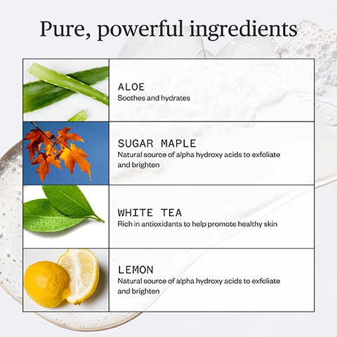 Image 1 - The image shows four natural ingredients: aloe vera leaves, orange maple leaves, green tea leaves with water droplets, and a cut lemon, with text Pure, powerful ingredients ALOE Soothes and hydrates SUGAR MAPLE Natural source of alpha hydroxy acids to exfoliate and brighten WHITE TEA Rich in antioxidants to help promote healthy skin LEMON Natural source of alpha hydroxy acids to exfoliate and brighten. Image 2 - Guide to cleansers with details: A guide to our cleansers Fantastic Face Wash A super-fresh foaming cleansing gel for clean balanced skin BEST FOR Normal oily or acne-prone skin Making Moves Milky Cleanser An easy-rinsing cream cleanser for clean hydrated skin BEST FOR Dry or sensitive skin.