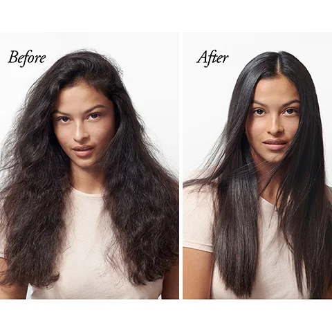 A split image shows a woman with frizzy wavy hair on the left and smooth straight hair on the right with the text Before and After.
