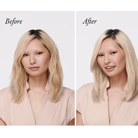 Side-by-side image showing a woman with blonde hair and dark roots Before with wavy hair and After with straighter hair Before After.