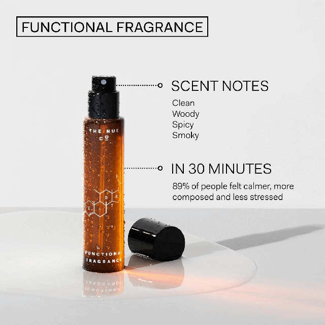 Image 1, Functional Fragrance, scent notes - clean, woody, spicy, smoky. In 30 minutes 89% of people felt calmer, more composed and less stressed. Image 2, green cardamon plus palo santo plus coriander plus iris. Image 3, daily mood maintenance and instant stress relief. Image 4, this fragrance has been a game changer for me. It has dramatically help with my mood and stress levels