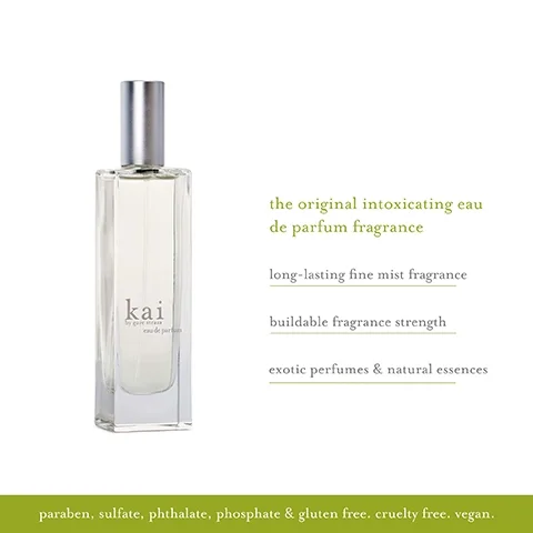 Image 1 - A clear glass perfume bottle with a silver cap sits against a white background, accompanied by text that reads the original intoxicating eau de parfum fragrance, long-lasting fine mist fragrance, buildable fragrance strength, exotic perfumes & natural essences, and lists paraben, sulfate, phthalate, phosphate & gluten free, cruelty free, vegan.