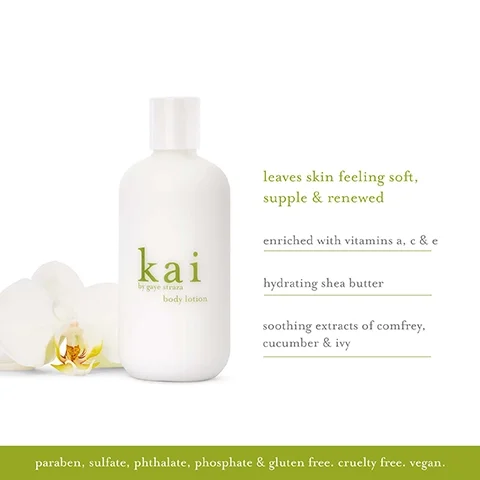 Image 1 - A white bottle of body lotion labeled kai by gaye straza sits next to a white orchid, with text that reads leaves skin feeling soft, supple & renewed, enriched with vitamins a, c & e, hydrating shea butter, soothing extracts of comfrey, cucumber & ivy, and paraben, sulfate, phthalate, phosphate & gluten free, cruelty free, vegan.