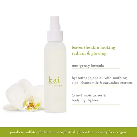 Image 1 - A clear spray bottle labeled kai body glow rests beside a white orchid flower, with text that highlights benefits such as leaves the skin looking radiant & glowing, non-greasy formula, hydrating jojoba oil with soothing aloe, chamomile & cucumber extracts, and 2-in-1 moisturizer & body highlighter, along with notes on being paraben, sulfate, phthalate, phosphate & gluten free, cruelty free, and vegan.