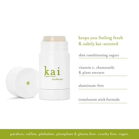 Image 1 - Image of a white deodorant stick labeled kai by gaye straza with green text, accompanied by a description on the right that includes benefits and ingredients; visible text includes keeps you feeling fresh & subtly kai-scented, skin conditioning sugars, vitamin e, chamomile & plant extracts, aluminum-free, and translucent stick formula, along with a note on the bottom about being paraben, sulfate, phthalate, phosphate & gluten free, cruelty free, and vegan.