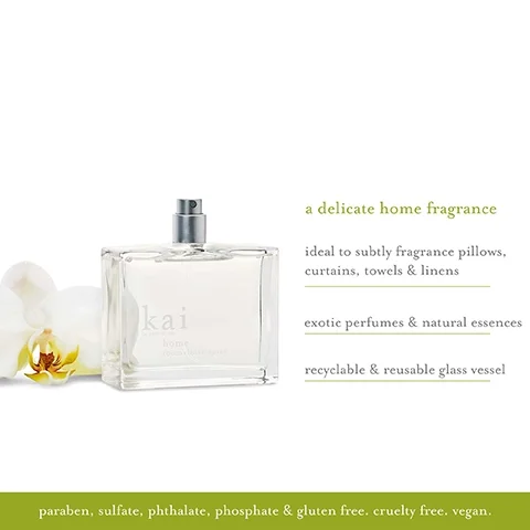 Image 1 - An elegant glass spray bottle of Kai room and linen fragrance sits next to a white orchid, with text highlighting its features, including ideal use for fabrics, exotic ingredients, and eco-friendly details.