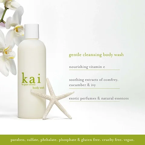 Image 1 - Image of a light-colored bottle of body wash with a starfish beside it, surrounded by a white orchid; visible text includes gentle cleansing body wash, nourishing vitamin e, soothing extracts of comfrey, cucumber & ivy, exotic perfumes & natural essences, and paraben, sulfate, phthalate, phosphate & gluten free. cruelty free. vegan.