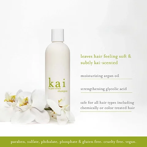 Image 1 - A bottle of kai shampoo by Gaye Straza is positioned next to white orchids on a white background, with text stating leaves hair feeling soft & subtly kai-scented, moisturizing argan oil, strengthening glycolic acid, and safe for all hair types including chemically or color treated hair, followed by paraben, sulfate, phthalate, phosphate & gluten free, cruelty free, vegan.