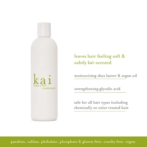 Image 1 - A white bottle of kai conditioner with a green label, featuring text that states leaves hair feeling soft & subtly kai-scented, moisturizing shea butter & argan oil, strengthening glycolic acid, safe for all hair types including chemically or color treated hair, paraben, sulfate, phthalate, phosphate & gluten free, cruelty free, vegan.