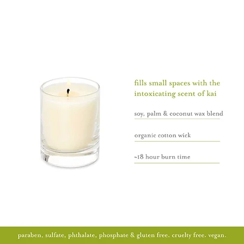 Image 1 - A clear glass candle filled with white wax and a single wick is shown on a plain background, accompanied by the text that includes information about its scent, ingredients, and burn time: fills small spaces with the intoxicating scent of kai, soy, palm & coconut wax blend, organic cotton wick, ~18 hour burn time, paraben, sulfate, phthalate, phosphate & gluten free, cruelty free, vegan.