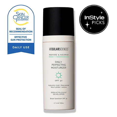 Image 2-dermstore-en_US - A white bottle with a black cap of MDSOLARSCIENCES Daily Perfecting Moisturizer SPF 30 is displayed, flanked by a blue and white badge on the left with text SKIN CANCER FOUNDATION SEAL OF RECOMMENDATION EFFECTIVE SUN PROTECTION DAILY USE, and a black circular badge on the right with text InStyle PICKS, while the bottle itself shows text MDSOLARSCIENCES RESTORE & NOURISH DAILY PERFECTING MOISTURIZER SPF 30 Hyaluronic Acid Niacinamide help hydrate restore DERMATOLOGIST DEVELOPED Broad Spectrum SPF 30 1.7 fl oz / 50 mL. Image 3-dermstore-en_US - An image displays an orange slice, green tea powder, coffee beans, and cream swatches on a light background, accompanied by text that reads: PROTECT YOUR SKIN. SPF 30 Broad-spectrum UV protection with no white cast. VITAMIN C + GREEN TEA Shields skin from stress & early signs of aging. PEPTIDES + CAFFEINE Reduces fine lines & boosts skin firmness. Image 4-dermstore-en_US - An infographic displays skincare ingredients including snow mushroom, aloe vera slices, and chamomile flowers, alongside various product textures like cream, liquid, and gel, with text that reads NOURISH YOUR SKIN, HYALURONIC ACID + SNOW MUSHROOM Deeply hydrates & replenishes moisture balance, ALOE VERA + CHAMOMILE Soothes irritated skin & reduces inflammation, NIACINAMIDE Brightens complexion & evens skin tone. Image 5-dermstore-en_US - A smiling person with product dots under their eye is shown next to the text CLINICALLY PROVEN 90% of clinical participants felt that the overall appearance of their skin was visibly improved. *When using Daily Perfecting Moisturizer SPF 30 + Revitalizing Eye Gel + Evening Retinol Serum together. Image 6-dermstore-en_US - A white and black product bottle is partially visible on the right, with a creamy texture smear on the top left, against a light background containing text that reads: DERMATOLOGIST DEVELOPED. BEAUTY-EXPERT APPROVED. ALLURE EDITORS FAVORITE NEW BEAUTY PRODUCTS allure TOP DERMATOLOGISTS SHARE THEIR SKINCARE ROUTINES VOGUE My all-time favorite moisturizer with SPF. My skin stays hydrated and my face looks fabulous when using it. JENNIFER F. The bottle is a MISOLAR Restore & Daily Perfecting Moisturizer SPF 30 and further reads: Hyaluronic Acid + Niacinamide help hydrate + restore, DERMATOLOGIST DEVELOPED, Broad Spectrum SPF 30, 1.7 fl oz / 50 ml. Image 7-dermstore-en_US - A promotional image for skincare products shows three white bottles with black caps from the brand Mosolarsciences against a light tan background, featuring the text EXPLORE THE COLLECTION Scientifically formulated to elevate your everyday skincare routine, and on the left bottle Mosolarsciences Restore & Nourish Revitalizing Eye Gel Day & Night Peptides, Vitamin C, Green Tea. Help smooth, firm, brighten, on the middle bottle Mosolarsciences Restore & Nourish Daily Perfecting Moisturizer SPF 30 Hyaluronic Acid + Niacinamide help hydrate + restore Dermatologist Developed Broad Spectrum SPF 30 1.7 FL. OZ. / 50 ML, and on the right bottle Mosolarsciences Restore & Nourish Evening Retinol Serum Night Retinol + Niacinamide help reduce. brighten + smooth skin. Dermatologist Developed 1 FL. OZ. / 30 ML. Image 8-dermstore-en_US - A smiling woman with blonde hair in a black top is shown on the left, with text on the right and a pink smudge at the top left. The text reads: MDSOLARSCIENCES, DERMATOLOGIST - DEVELOPED • SPF + SKINCARE, SCIENCE ISNT OUR SECRET. ITS OUR STANDARD. At the heart of our brand is a commitment to true skin wellness, powered by science, elevated by luxury, and grounded in clean, feel-good formulas. RENEE PLATO, CEO.