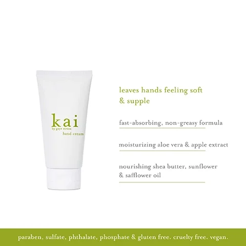 Image 1 - A white hand cream tube labeled kai by gaye straza with green text, featuring descriptions of the products benefits and ingredients, such as fast-absorbing, non-greasy formula and leaves hands feeling soft & supple, with a green banner at the bottom stating paraben, sulfate, phthalate, phosphate & gluten free. cruelty free. vegan.