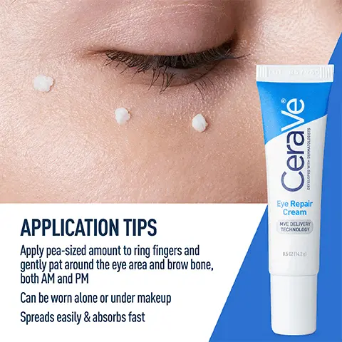 Image 1, application tips- Apply pea-sized amount to ring fingers and gently pat around the eye area and brow bone, both AM and PM. Can be worn alone or under makeup, spreads easily and absorbs fast. Image 2, developed with dermatologists, ophthalmologist tested, oil-free and non-comedogenic, accepted by national eczema association.