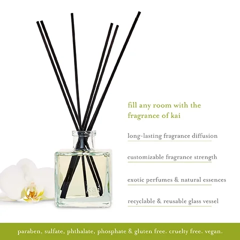 Image 1 - A clear glass diffuser bottle with black reeds stands next to a white orchid flower, accompanied by the text fill any room with the fragrance of kai long-lasting fragrance diffusion customizable fragrance strength exotic perfumes & natural essences recyclable & reusable glass vessel paraben, sulfate, phthalate, phosphate & gluten free. cruelty free. vegan.