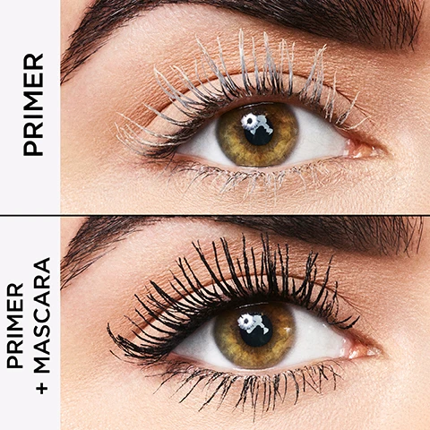 Image 1 - A close-up image of two eyes showing the difference between using only primer on the top and primer with mascara on the bottom, with the words PRIMER and PRIMER + MASCARA visible on the left side of each section.
Image 2 - Close-up image of a persons eye with long eyelashes and brown irises, featuring visible text that states 100% said their eyes looked more open, with a note below that reads *based on a consumer panel study of 33 subjects.
Image 3 - A close-up image of a 360° magniLASH brush with a white bristle head on a light purple background, featuring the text 360° magniLASH brush PUSH UP & PRIME YOUR LASHES.
Image 4 - A collage of four images featuring slices of lemon labeled vitamin C, leafy greens labeled cellulose, glass bowls of olive oil labeled olive esters, and yellow flakes labeled carnauba wax with the text powered by at the top.