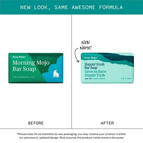 Image 1 - A graphic comparing the old and new packaging for Ursa Major bar soap shows the former Morning Mojo Bar Soap Mint & Eucalyptus 5 OZ packaging on the left labeled BEFORE and the new Hoppin Fresh Bar Soap Savon en Barre Hoppin Fresh Zingy Mint I Menthe Acidulée 5 OZ | 141 g packaging on the right labeled AFTER, with text at the top saying NEW LOOK, SAME AWESOME FORMULA, text next to the new packaging saying NEW NAME!, and text at the bottom reading *Please note: As we transition to new packaging, you may receive your product in either our previous or updated design. Rest assured, the product inside remains the same! Image 2 - An image displaying a list of ingredients and their benefits including text Pure powerful ingredients, PEPPERMINT Refreshes skin while delivering a cooling effect, HONEY Soothes moisturizes and helps retain moisture, SEA FENNEL Contains skin-conditioning and toning properties, and COCONUT Gently cleanses and hydrates, with corresponding images of mint leaves, honeycomb, sea fennel, and coconuts.