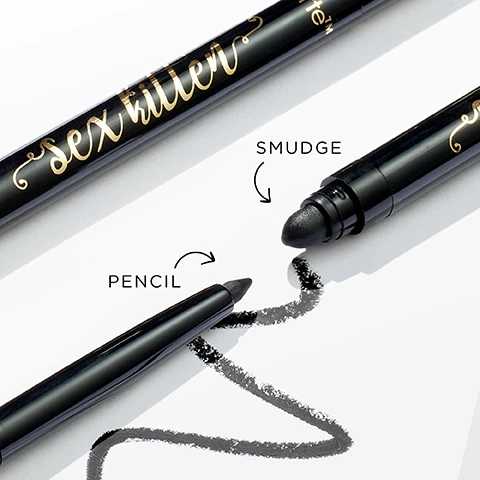 Image 1 - Image shows two cosmetic products: a black eyeliner pencil labeled PENCIL and a smudging tool labeled SMUDGE, with a swirled line of black eyeliner drawn on paper, and the text sex kitten in a decorative font on the pencil.
Image 2 - Image shows several black eyeliner products standing upright, with a text list beside them indicating features: vegan, waterproof, 12-hour longwear, and ophthalmologist tested.
Image 3 - Three eyeliner products are displayed on a light background: a gel eyeliner with decorative gold accents, a black felt tip liquid eyeliner, and a liquid eyeliner with a cat-themed cap; the visible text includes GEL, COMFORT GLIDE FOR DELICATE LASHLINE & INNER RIM, and LIQUID, SOFT-FLEX FELT TIP FOR PERFECT PRECISION CAT EYES.