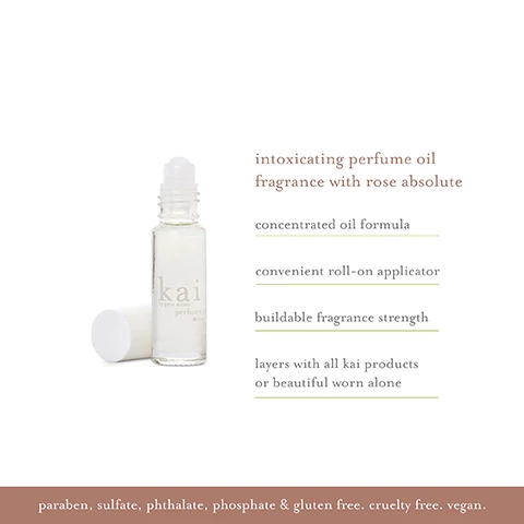 Image 1 - A transparent roll-on perfume oil bottle with a white cap sits slightly tilted next to it, featuring the text intoxicating perfume oil fragrance with rose absolute, along with bullet points listing concentrated oil formula, convenient roll-on applicator, buildable fragrance strength, and layers with all kai products or beautiful worn alone, and additional text at the bottom that reads paraben, sulfate, phthalate, phosphate & gluten free. cruelty free. vegan.
Image 2 - A minimalistic design features the word kai prominently at the top, followed by by gaye straza, with descriptive text that reads exotic fragrance and natural essences in a light and intoxicating scent of gardenia wrapped in white exotics layered with rose absolute.
