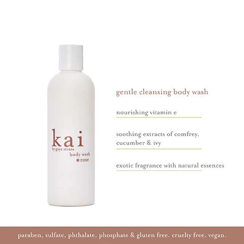 Image 1 - A white bottle of body wash featuring the label kai by gaye straza with the text gentle cleansing body wash, nourishing vitamin e, soothing extracts of comfrey, cucumber & ivy, exotic fragrance with natural essences, followed by paraben, sulfate, phthalate, phosphate & gluten free, cruelty free, vegan.
Image 2 - A minimalist poster displaying the word kai in large letters, followed by by gaye straza, and a description of an exotic fragrance and natural essences in a light and intoxicating scent of gardenia wrapped in white exotics layered with rose absolute.