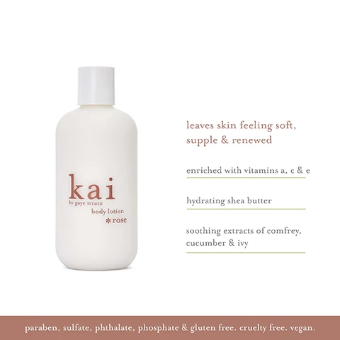 Image 1 - A white bottle of body lotion labeled kai by gaye straza rose is shown alongside text that states it leaves skin feeling soft, supple, and renewed, enriched with vitamins A, C, and E, hydrating shea butter, and soothing extracts of comfrey, cucumber, and ivy, with a note that it is paraben, sulfate, phthalate, phosphate, and gluten-free, as well as cruelty-free and vegan.
Image 2 - A minimalist design featuring the word kai in a stylized font, accompanied by the text by gaye straza and a descriptive paragraph about an exotic fragrance, detailing scents of gardenia and rose absolute.