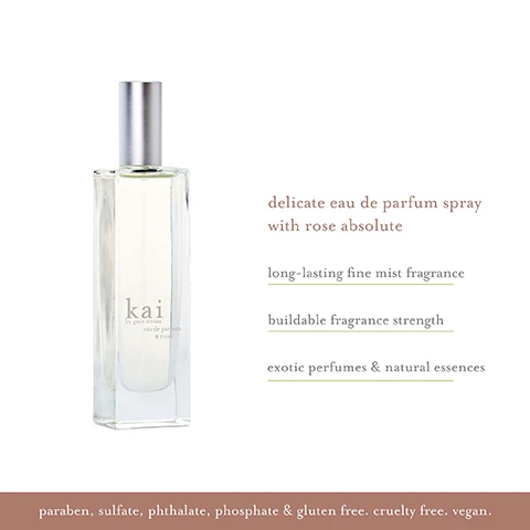 Image 1 - A clear glass perfume bottle with a silver cap is displayed with text reading delicate eau de parfum spray with rose absolute, long-lasting fine mist fragrance, buildable fragrance strength, exotic perfumes & natural essences, and at the bottom, paraben, sulfate, phthalate, phosphate & gluten free, cruelty free, vegan.
Image 2 - A minimalist design with a light background features the word kai prominently at the top, followed by by gaye straza, and a description of the fragrance that reads, exotic fragrance and natural essences in a light and intoxicating scent of gardenia wrapped in white exotics layered with rose absolute.