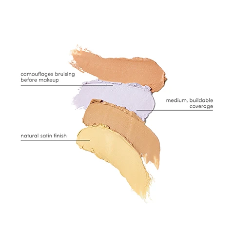 Image 4 - Four cosmetic swatches are arranged vertically on a white background, showing a peach color, a lavender color, a medium beige, and a light yellow, with text reading camouflages bruising before makeup, medium, buildable coverage, and natural satin finish. Image 5 - The image displays three natural skincare ingredients and their benefits: yellow oil with petals and seeds for Moringa, Avocado & Sunflower Seed Oils condition, calm and soothe the skin; a green leaf with water drops for Green Tea Leaf Extract provides powerful antioxidant protection; and cucumber slices for Cucumber Extract calms and soothes the skin. Image 6 - An image displaying seven different concealer products above a detailed comparison chart, with the text Find your concealer PureMatch Liquid Concealer Enlighten Plus TM Under-eye Concealer Circle\Delete R Concealer Active Light R Under-eye Concealer Enlighten Concealer TM Corrective Colors HydroPure TM Color Correcting Serum with Hyaluronic Acid & CoQ10 SKIN CONCERNS pimples, breakouts, sunspots, age spots severe under-eye discoloration, fatigue, puffiness, sun exposure moderate under-eye circles, fatigue, dehydration mild under-eye darkness, dullness, puffiness hyperpigmentation, melasma post-treatment bruising, everyday injuries rosacea, eczema, psoriasis, post-treatment redness COVERAGE medium buildable full medium buildable light medium-to-full medium buildable light FINISH semi-matte matte dewy luminous dewy satin natural SKIN BENEFITS calming, moisturizing SPF protection, smoothing, depuffing moisturizing, calming, antioxidant protection depuffing, moisturizing, blurring moisturizing, brightening calming, antioxidant protection ultra-hydrating, soothing, calming.