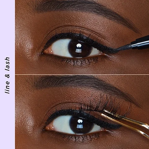 Image 1 - Close-up image of a models eye being enhanced with eyeliner on the top half and false eyelashes applied on the bottom half, with the text line & lash visible on the left.