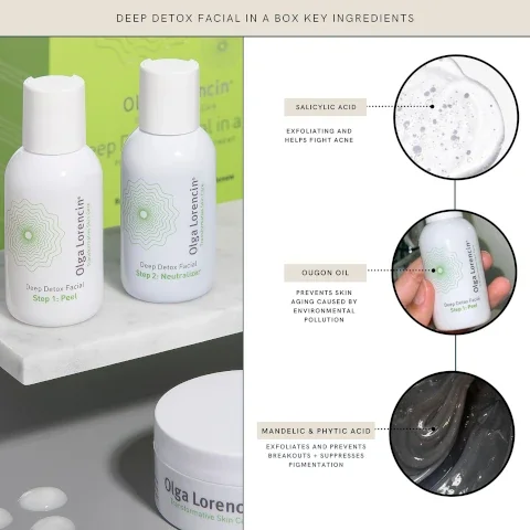 DEEP DETOX FACIAL IN A BOX KEY INGREDIENTS SALICYLIC ACID EXFOLIATING AND HELPS FIGHT ACNE OUGON OIL PREVENTS SKIN AGING CAUSED BY ENVIRONMENTAL POLLUTION MANDELIC & PHYTIC ACID EXFOLIATES AND PREVENTS BREAKOUTS + SUPPRESSES PIGMENTATION