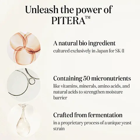 Image 1, Unleash the power of PITERAT A natural bio ingredient cultured exclusively in Japan for SK-II Containing 50 micronutrients like vitamins, minerals, amino acids, and natural acids to strengthen moisture barrier Crafted from fermentation in a proprietary process of a unique yeast strain Image 2, Achieve Visible Results UP TO 10 YEARS of visible skin damage and signs of aging diminished after 1 year of PITERATM usage.