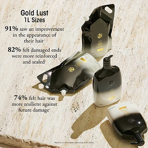 Oribe Gold Lust haircare products in 1L pouches and bottles are shown with the text Gold Lust 1L Sizes 91% saw an improvement in the appearance of their hair¹ 82% felt damaged ends were more reinforced and sealed¹ 74% felt hair was more resilient against future damage¹ ¹ Based on a 7-day consumer panel survey of 101 women.