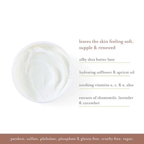 Image 1 - A top-down view of a white cream in a round container, with text alongside stating that it leaves the skin feeling soft, supple, and renewed, and listing ingredients like silky shea butter base, hydrating safflower and apricot oil, soothing vitamins a, c, and e, aloe, and extracts of chamomile, lavender, and cucumber, with additional notes on being paraben, sulfate, phthalate, phosphate, and gluten-free, cruelty-free, and vegan.
Image 2 - Image shows two soft white sponges with foaming body wash, accompanied by text stating leaves skin looking hydrated, soft & renewed, hypo-allergenic exfoliating sponge, infused with foaming body wash, exotic fragrance with natural essences, and paraben, sulfate, phthalate, phosphate & gluten free, cruelty free, vegan.
Image 3 - A minimalist graphic with the word kai styled prominently at the top, followed by the phrase by gaye straza beneath it, and text below describing an exotic fragrance and natural essences in a light and intoxicating scent of gardenia wrapped in white exotics layered with rose absolute.