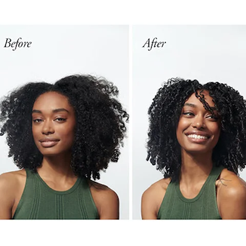 A split image shows a woman with curly hair before and after treatment with the text Before and After.