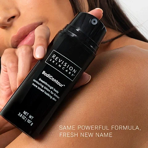 Image 3 - A hand holds a black bottle of lotion labeled Revision Skincare BodiContour Breakthrough body contouring lotion for firmer, more toned-looking skin NET WT 3.8 OZ | 107 g, with overlay text stating Same powerful formula, fresh new name.