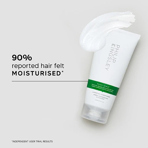 Image 1 - A tube of Philip Kingsley Flaky Scalp shampoo with a small amount of product squeezed out, accompanied by text stating 90% reported hair felt moisturised and *INDEPENDENT USER TRIAL RESULTS.
Image 2 - A hand is holding a tube of Philip Kingsley Flaky Scalp, featuring a white design with green accents, and accompanied by a list of key benefits including super-lightweight formula delivers concentrated hydration, doesn’t weigh hair down, and suitable for oily or limp hair.
Image 3 - A person is holding a tube of Philip Kingsley Flaky Scalp Conditioner above an open hand with a small amount of product dispensing, accompanied by a customer review stating After using this conditioner my hair felt AMAZING. Clean, soft and silky and NO DANDRUFF.
Image 4 - A tube of Philip Kingsley Flaky Scalp shampoo with a white hair product swatch beside it, and text listing key ingredients: Patauá Oil - A powerful moisturising ingredient, Pro Vitamin B5 - Improves combinability and shine, Betaine - Softens and hydrates.
Image 5 - A side-by-side comparison of a scalp showing hair before and after treatment, with the left labeled Before and the right labeled After.
Image 6 - A woman with straight, light blonde hair is shown applying a product to the mid-lengths and ends of her hair with a black comb, and there is text next to her that reads: TRICHOLOGIST TIP After shampooing, gently work into the mid-lengths and ends of the hair, avoiding the roots. Rinse well.