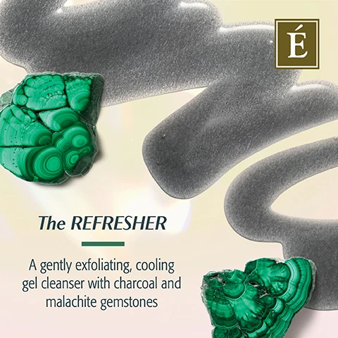 Image 1 - An image featuring green malachite gemstones, gray gel cleanser swirls, and text that reads The REFRESHER A gently exfoliating, cooling gel cleanser with charcoal and malachite gemstones.
Image 2 - A bottle of Éminence Charcoal Exfoliating Gel Cleanser, featuring a sleek design with visible text that states 89% agree daily use resulted in visibly clearer, more balanced skin, surrounded by green malachite gemstones.
Image 3 - A composition featuring various gemstones, including green malachite, pink quartz, and amber, with the text Infused With Gemstones, Powered by Nature, and the letter É in a prominent logo.
Image 4 - Image depicts a light background with several pink crystals on the left and a text box on the right containing the phrase Three fan-favorite formulas crafted with gentle yet potent natural ingredients along with a logo featuring the letter É above it.
Image 5 - Image shows three skincare products from the Eminence Gemstone Collection: a charcoal exfoliating gel cleanser, a camellia glow solid face oil, and a turmeric energizing treatment, with a green gemstone background and the text The Gemstone Collection So Much More Than Skin Care.