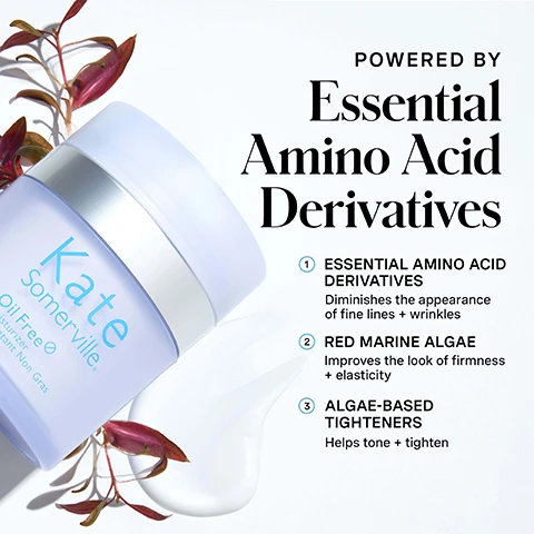 Image 1 - A light purple jar of Kate Somerville Oil Free Moisturizer is shown next to a dollop of cream and red plant sprigs, with text that reads Kate Somerville, Oil Free, Moisturizer, Hydratant Non Gras, POWERED BY Essential Amino Acid Derivatives, 1. ESSENTIAL AMINO ACID DERIVATIVES Diminishes the appearance of fine lines + wrinkles, 2. RED MARINE ALGAE Improves the look of firmness + elasticity, 3. ALGAE-BASED TIGHTENERS Helps tone + tighten. Image 2 - A light blue frosted jar of Kate Somerville Oil Free Moisturizer Hydratant Non Gras with product spilling from its lid is displayed on a white surface next to promotional text that reads Non-Greasy + Lightweight, CLINICALLY-FORMULATED HYDRATION FOR OILY SKIN, with bullet points describing Non-greasy, fragrance free, fast-absorbing; Keeps oil production in check; Maintain smooth, soft, supple skin. Image 3 - A hand holds a purple Kate Somerville Oil Free Moisturizer jar, while another hand dispenses white cream from it, with instructions visible on a blue background that read: HOW DO I Use This? 1 After cleansing with EradiKate 3% Sulfur Daily Foaming Cleanser, smooth 1-2 pumps over dry skin 2 Dont forget sunscreen in the AM Pro-tip: Dispensing Jar Instructions - Remove over-cap by gently lifting up. Place both thumbs evenly apart on white dispensing pump. Press down evenly several times to create a vacuum until product is dispensed. When finished, replace cap. for daily use, AM + PM, and on the jar: Kate Somerville Oil Free Moisturizer Hydrant Non Gras. Image 4 - The image displays three jars of Kate Somerville moisturizers with cream swatches behind them, organized above a comparative table, featuring the text CHOOSE Your Moisturizer, followed by product names and descriptions: Kate Somerville Oil Free Hydrate + Mattify Non-Greasy, Kate Somerville ExfoliKate Glow Moisturizer Exfoliate + Hydrate, and Kate Somerville DeliKate Recovery Cream Crème Réparatrice Soothe + Restore; the table headers read OIL-FREE Moisturizer, EXFOLIKATE Glow Moisturizer, DELIKATE Recovery Cream, with rows labeled BENEFITS: Balance + Smooth, Hydrate + Exfoliate, Soothe + Recover, and INGREDIENT SPOTLIGHT: Essential Amino Acid Derivatives + Red Marine Algae + Algae-Based Tighteners, Glycolic Acid + Lactic Acid + Papaya, Pineapple + Pumpkin Enzymes + Napol Cactus Fruit, Peptide Complex + Ceramides + Ginger Root Extract + Tasmannia Lanceolata. Image 5 - An infographic on a blue background displays Kates 5 Daily Dos skincare routine: 1 Cleanse AM / PM with a tube icon, 2 Exfoliate 1-2x Per Week with a tube icon, 3 Treat AM / PM with a bottle icon, 4 Moisturize AM / PM with a white jar labeled Kate Somerville +Retinol Vitamin C Moisturizer on a cream swirl, and 5 Protect AM with a bottle icon; at the bottom, the text reads Balanced Moisturisation for Oily Skin, A lightweight formula that doesnt clog pores + leaves no messy residue while it works to tone and tighten skin. Image 6 - A close-up of a persons face with fair skin and a blue-green eye, applying a white cream to their cheek with a hand featuring light pink polished nails, with the text no skin retouching in the bottom right corner.
