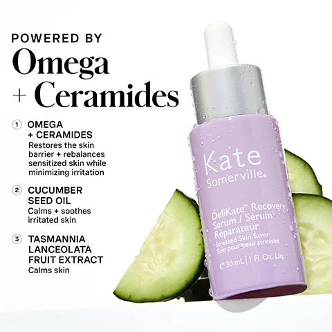 Image 1 - A light purple dropper bottle of Kate Somerville DeliKate Recovery Serum, covered in water droplets and surrounded by cucumber slices, features text that reads POWERED BY Omega + Ceramides, along with a list describing benefits: 1 OMEGA + CERAMIDES Restores the skin barrier + rebalances sensitized skin while minimizing irritation, 2 CUCUMBER SEED OIL Calms + soothes irritated skin, 3 TASMANNIA LANCEOLATA FRUIT EXTRACT Calms skin, and on the bottle itself, the text Kate Somerville DeliKate Recovery Serum / Sérum Réparateur Stressed Skin Saver Soin pour peau stressée e 30 mL | 1 Fl. Oz. Liq. Image 2 - Three lavender Kate Somerville DeliKate Recovery Serum bottles are shown, one open with a dropper, with accompanying text that reads Soothe + Restore THE SKIN RESCUE SERUM YOU NEED - Soothe redness + tightness - Restore your skins protective barrier, and the bottles themselves are labeled Kate Somerville. DeliKate™ Recovery Serum / Sérum Réparateur Stressed Skin Saver Soin pour peau stressée e 30 mL | 1 FL. Oz. Liq. Image 3 - A close-up of a persons face with a dropper applying serum to a freckled cheek, showing text that reads HOW DO I Use This? 1 After cleansing, apply 1-2 drops + gently massage 2 Follow with your normal skin care routine for daily use, AM + PM. Image 4 - A woman with freckles has glowing, hydrated skin and holds a lavender dropper bottle, while text overlays state 100% showed significant improvement in hydration after just 1 use* 94% reported softer skin after 1 week of use* *Clinically proven results based on an independent clinical study, the bottle displays Kate Somerville deliKate Recovery Serum / Sérum Réparateur pour Peau Sensible e 30 mL | 1 FL. OZ., and a circular logo reads CLINIC EXPERTISE AT YOUR FINGERTIPS • KATE SOMERVILLE with a winking smiley face in the center. Image 5 - A split-screen image shows a womans face before and after using a serum, with the left side depicting red, irritated skin and the right side showing significantly calmer skin with reduced redness; visible text reads BEFORE, DELIKATE Recovery Serum, AFTER 1 WEEK *, and *Clinically proven results based on an independent clinical study. Image 6 - The image displays two Kate Somerville serums, DeliKate in a purple dropper bottle and HydraKate in a blue pump bottle, positioned above a comparison chart with benefits and ingredient spotlights, showing the text CHOOSE Your Serum, Kate Somerville DeliKate Recovery Serum / Serum Réparateur Soothed Skin Serum 30 mL | 1 FL. OZ. US, Kate Somerville HydraKate Recharging Serum / Sérum Rechargeant Hydrating Skin Serum 30 mL | 1 FL. OZ. US, DELIKATE Recovery Serum, HYDRAKATE Recharging Serum, BENEFITS, Soothe + Restore, INGREDIENT SPOTLIGHT, Omega + Ceramides + Tasmannia Lanceolata Fruit Extract + Cucumber Seed Oil, Rehydrate + Plump, Dual-Weight Hyaluronic Acid. Image 7 - A light purple infographic details Kates 5 Daily Dos skincare routine: 1 Cleanse AM / PM, 2 Exfoliate 1-2x PER WEEK, 3 Treat AM / PM shown with a Kate Somerville DeliKate Recovery Serum (50ml e 1.7 FL. OZ.) bottle, 4 Moisturize AM / PM, and 5 Protect AM, concluding with the text Rescue Your Skin From Redness, Use daily to visibly reduce redness, minimize irritation + calm sensitive skin. Image 8 - A woman with freckles and glowing skin looks at the camera while holding a lavender Kate Somerville DeliKate Recovery Serum / Sérum Réparateur Stressed Skin Saver Soin pour peau stressée e 30 mL | 1 FL. OZ. LIQ. bottle, with the text no skin retouching also visible in the bottom left.