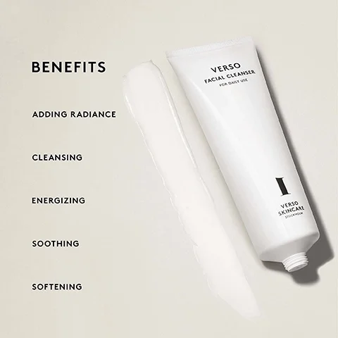 Image 1 - Image of a white tube of Verso Facial Cleanser for daily use, with a small amount of cleanser squeezed out beside it, and text listing benefits: adding radiance, cleansing, energizing, soothing, softening.