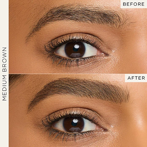 Image 1 - A close-up photo comparing two images of an eye with eyebrow enhancement, showing the eyebrow before in medium brown labeled BEFORE and after enhancement labeled AFTER.
Image 2 - A person holds an eyebrow pencil to their brow, showcasing defined features and a natural makeup look, with the text CHANDLER WEARS MEDIUM BROWN displayed below.
Image 3 - A close-up image showing four quadrants of an eyebrow transformation process, with labels before, shape, fill, and fluff at the bottom of each section, illustrating the stages from an unstyled eyebrow to a defined and filled-in look.
Image 4 - Three eyebrow pencils with water droplets on them are displayed against a light brown background, with text that reads Waterproof and Dermatologist Tested.
Image 5 - A close-up portrait of a smiling woman with dark skin and braided hair holding a makeup pencil near her lips, featuring the text Rachel Wears Rich Brown at the bottom.
Image 6 - A close-up image of a two-in-one eyebrow product featuring a precision pencil on one end labeled PRECISION PENCIL DRAWS HAIR-LIKE STROKES and a setting spoolie on the other end labeled SETTING SPOOLIE FLUFFS, SMOOTHS & TAMING.
Image 7 - A brown eyeliner pencil creates a wavy line on a light background with the text AMAMZONIAN CLAY FOR BETTER, TRUER, LONGER WEAR below it.