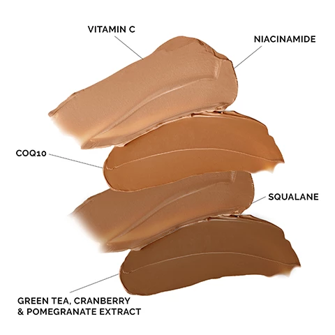 vitamin c, niacinamide, squalane, COQ10, green tea, cranberry and pomegrante extract. Image 2, shade light vs shade medium