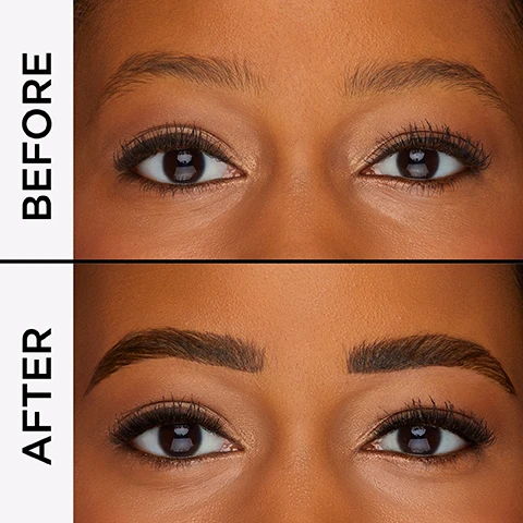 Image 1 - The image shows a comparison of a persons eyes and eyebrows with a Before photo at the top and an After photo at the bottom, with clearly improved eyebrow shape and definition.
Image 2 - A makeup pencil is resting against a stack of clear jars containing brow cream on a pink background, with text listing features: waterproof, sweatproof, 24-hour longwear, and 24-hour smudge-proof.
Image 3 - A person with long brown hair smiles while holding a brow brush and a small jar of brow pomade, with step-by-step instructions visible in the image: 1. Retract brow brush by placing fingers onto the applicator & pulling upward 2. Dip into FRAMEWORKER™ BROW POMADE & design your brows 3. Remove cap to reveal spoolie on other end to brush out brows.
Image 4 - Image shows three circular icons: a green palm leaf labeled Babassu nourishes, a beige powder labeled Amazonian Clay for better, truer, longer wear, and golden oil droplets labeled Vitamin E natural preservative that also acts as an emollient & antioxidant, with the text Powered By at the top.
