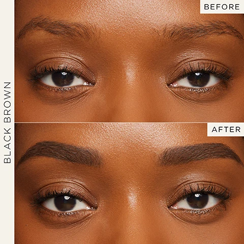 Image 1 - Image shows a close-up view of a persons eyebrows with a before and after comparison, the top half labeled BEFORE shows natural eyebrows and the bottom half labeled AFTER shows enhanced, well-defined eyebrows, with visible text stating BLACK BROWN.
Image 2 - A close-up portrait of a woman with dark hair holding a makeup product, showcasing her well-groomed eyebrows and glossy lips, with the text 12-HOUR LONGWEAR and CAMI WEARS BLACK BROWN visible in the image.
Image 3 - A beauty product display featuring a precision pencil and a tinted gel with a microcomb, both labeled as sketch & set by Tarte in medium brown.
Image 4 - A woman with curly hair applies eyebrow gel while looking at the camera, and the visible text states CHLOE WEARS DARK BROWN.
Image 5 - Three makeup products are displayed, including two eyebrow pencils with pink and gold packaging, alongside a mascara tube, with text highlighting that the products are waterproof, sweatproof, and smudge-proof.
Image 6 - A close-up of a womans eye showing a brow brush being applied to her eyebrows, with the text microcomb and precision applicator shapes in seconds above.
Image 7 - Image shows three circular images with labels: a green palm leaf labeled Babassu nourishes, a light brown powder labeled Amazonian Clay for better, truer, longer wear, and a golden oil with bubbles labeled Vitamin E natural preservative that also acts as an emollient and antioxidant, all under the heading Powered By.
