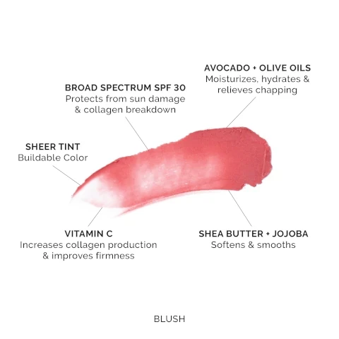 image 1, sheer tine = buildable colour. broad spectrum SPF 30 = protects from sun damage and collagen breakdown. avocado and olive oils = moisturises, hydrates and relieves chapping. vitamin c = increases collagen production and improves firmness. shea butter and jojoba = softens and smooths. image 2, customer review = just get it. i've got a lot of tinted lip balms but this one is hands down the best. it goes on so smoothly and i was surprised by the colour payoff and the lasting power. it makes my lips look and feel so hydrated. i'm obssessed with it.