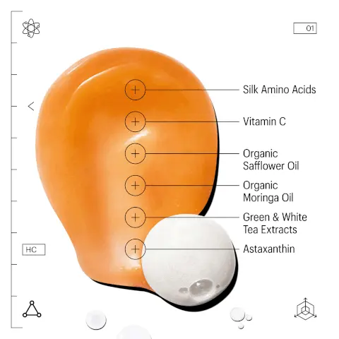 Image 1, Silk amino acids, vitamin c, organic saflower oil, organic moringa oil, green and white tea extracts and astaxanthin. Image 2, Effective cleansing while leaving skin hydrated, softer refined and more radiant